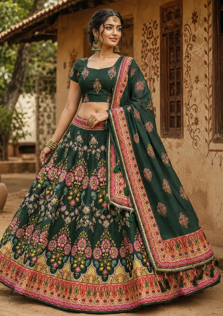 Green Printed Cotton Lehenga Set - Indya