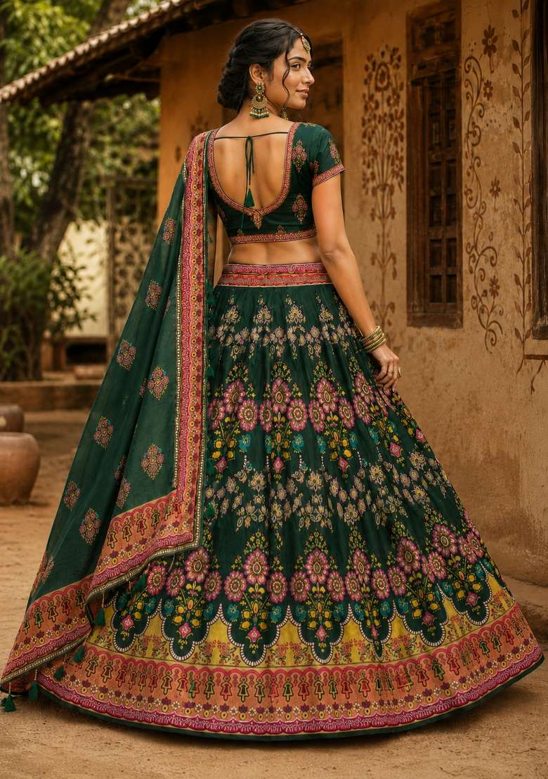 Green Printed Cotton Lehenga Set for Diwali and Festive Wear - Indya