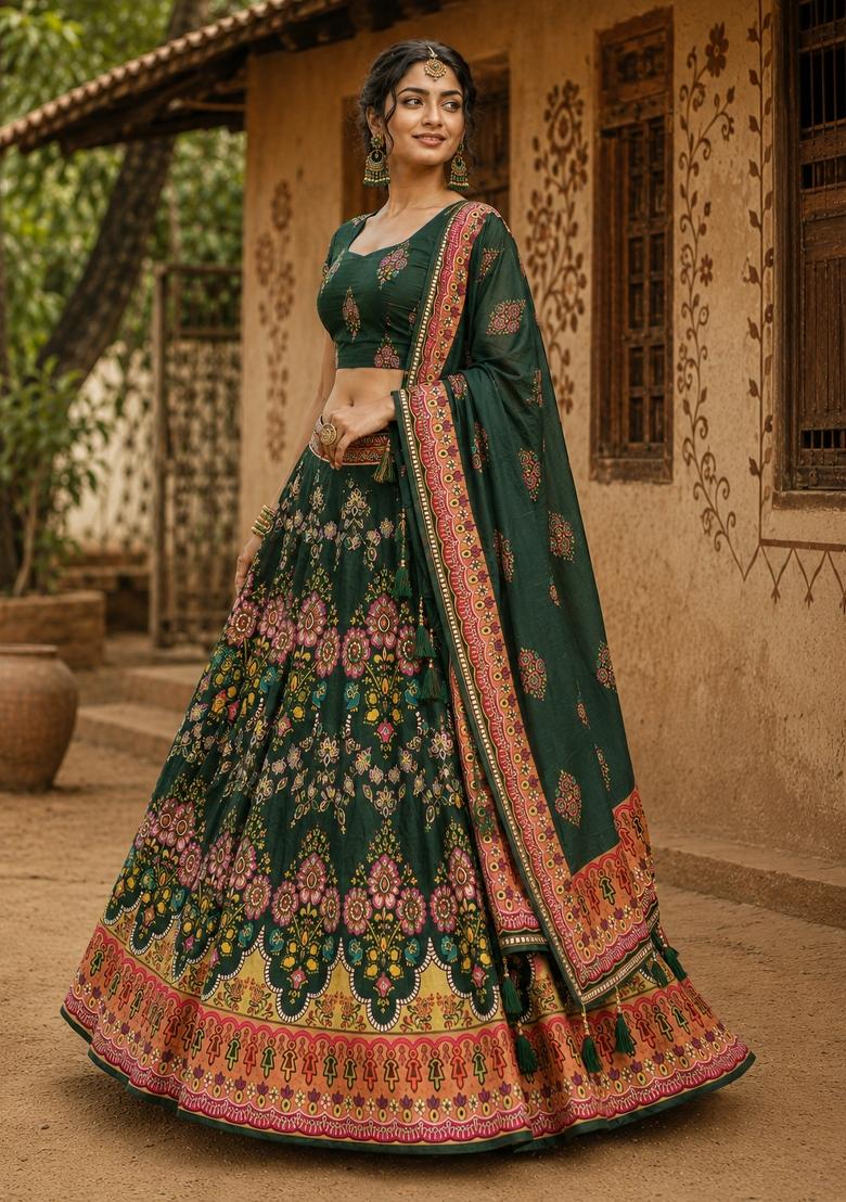 Green Printed Cotton Lehenga Set - Indya