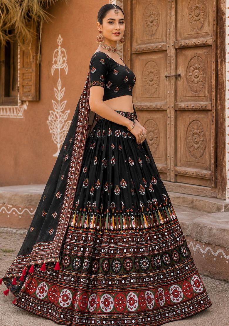 Black Printed Cotton Lehenga Set - Indya