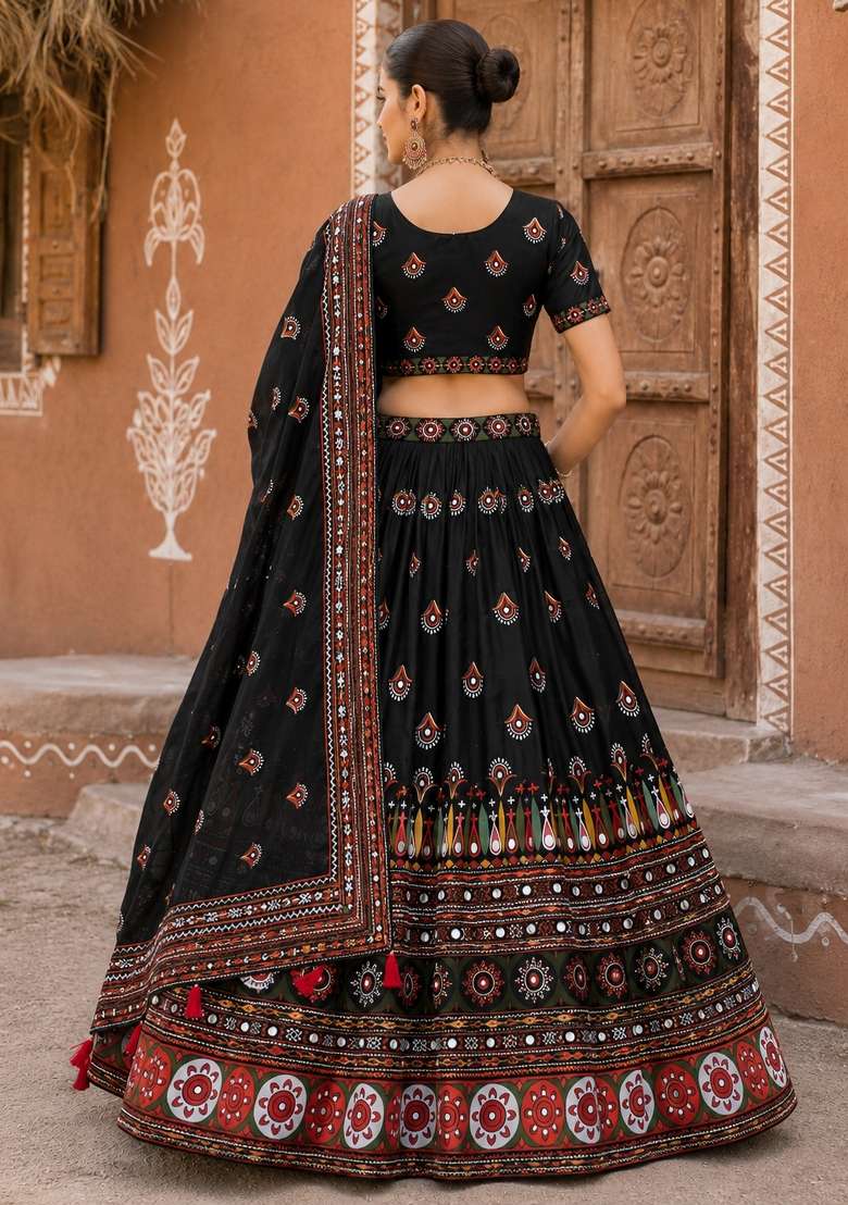 Black Cotton Lehenga Set with Printed for Diwali | Wedding & Festive Wear - Indya