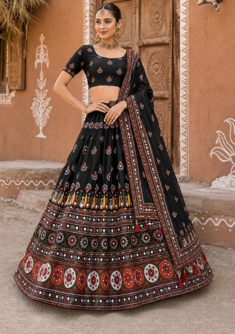 Black Printed Cotton Lehenga Set - Indya