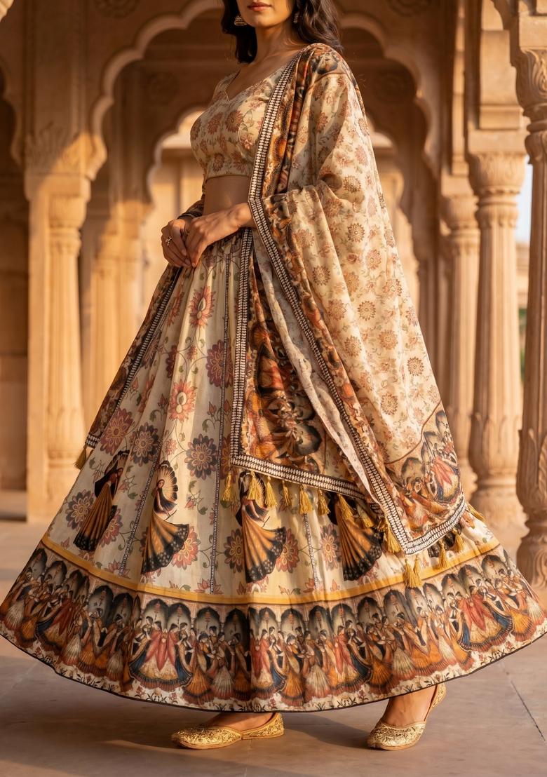 Mustard Printed Cotton Lehenga Set - Indya