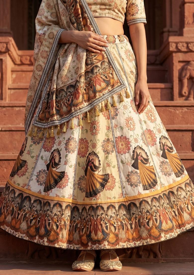 Mustard Printed Cotton Lehenga Set - Indya