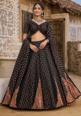 Black Printed Cotton Lehenga Set