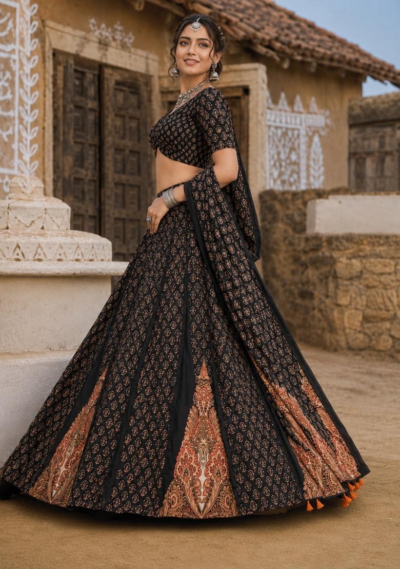 Black Printed Cotton Lehenga Set - Indya