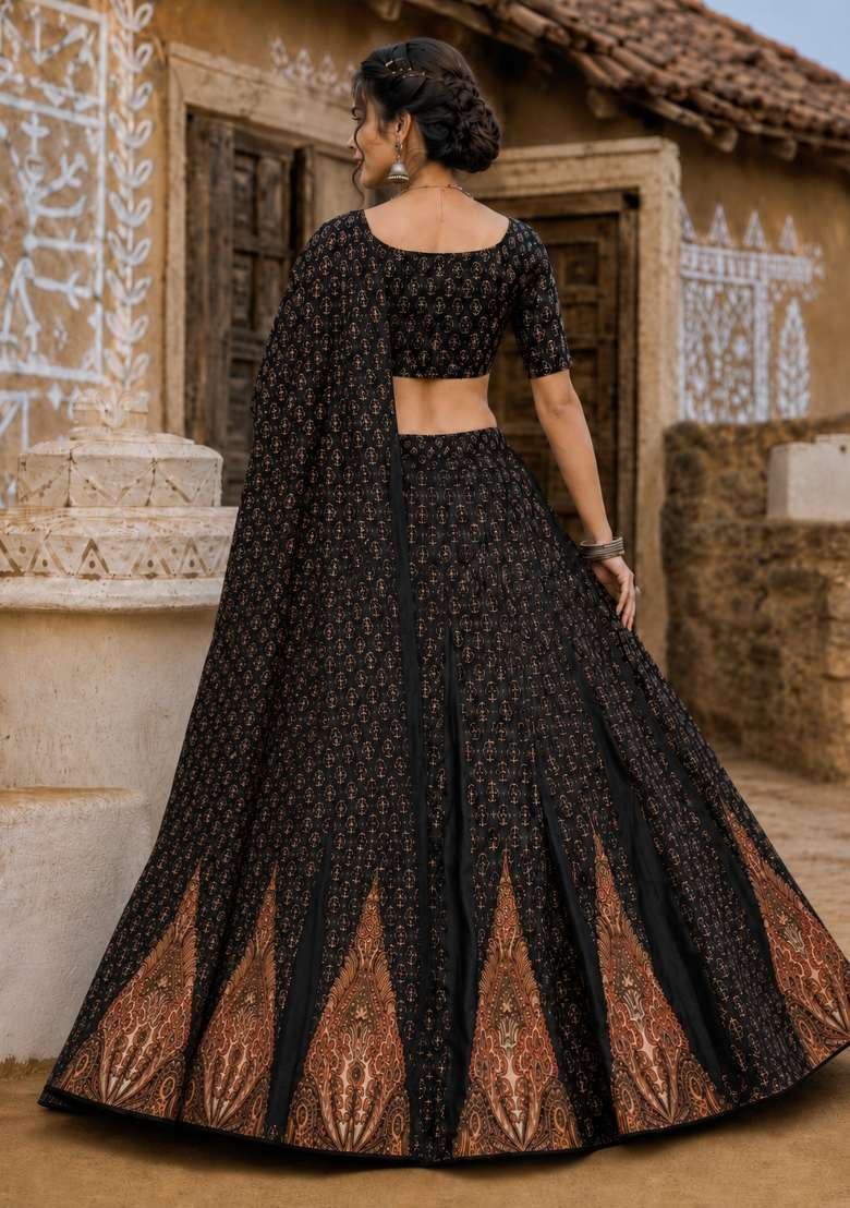 Black Cotton Lehenga Set with Printed for Diwali | Wedding & Festive Wear - Indya