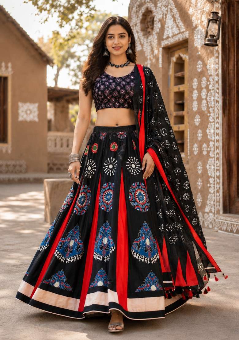 Teal Cotton Lehenga Set with Printed for Diwali | Wedding & Festive Wear - Indya
