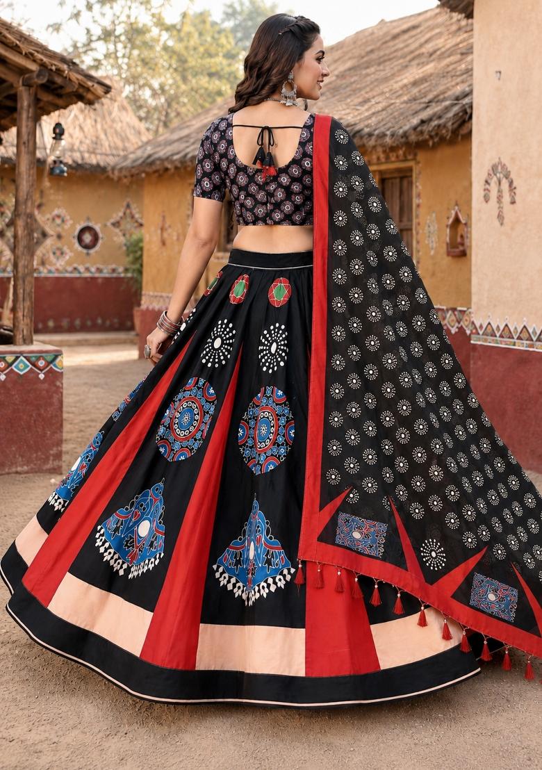 Teal Printed Cotton Lehenga Set - Indya