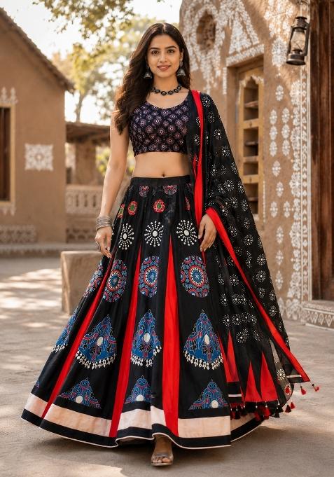 Teal Printed Cotton Lehenga Set