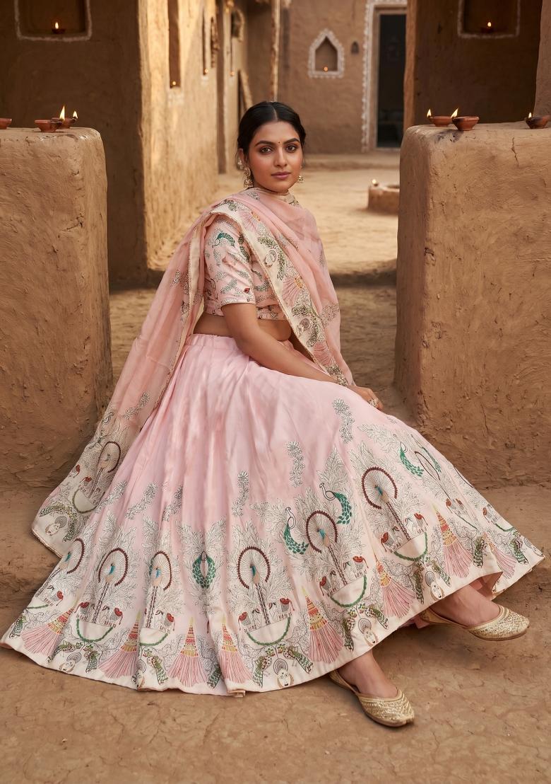 Cream Printed Satin Lehenga Set - Indya