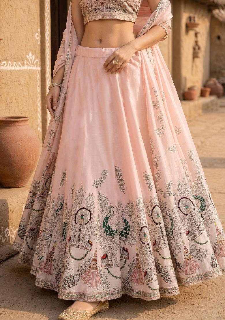 Cream Printed Satin Lehenga Set - Indya