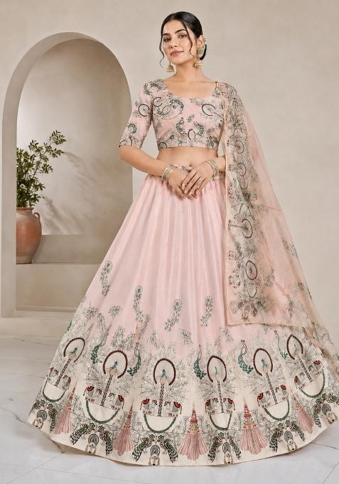 Cream Printed Satin Lehenga Set