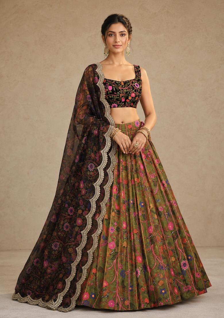 Green Printed Satin Lehenga Set - Indya