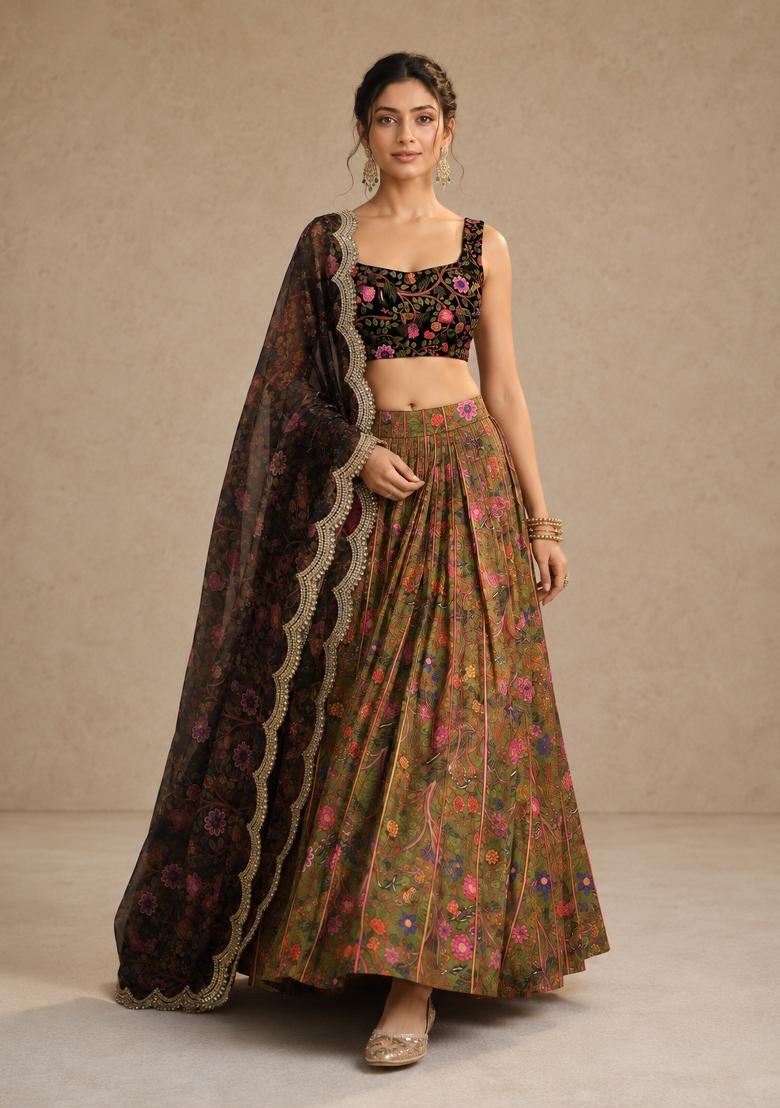 Green Printed Satin Lehenga Set - Indya