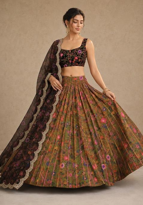 Green Printed Satin Lehenga Set