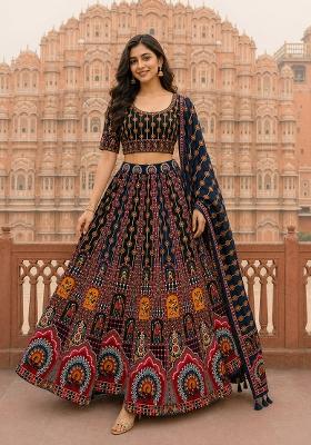 Black Printed Cotton Lehenga Set