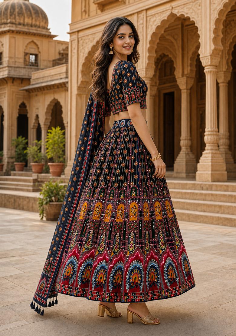 Black Printed Cotton Lehenga Set - Indya
