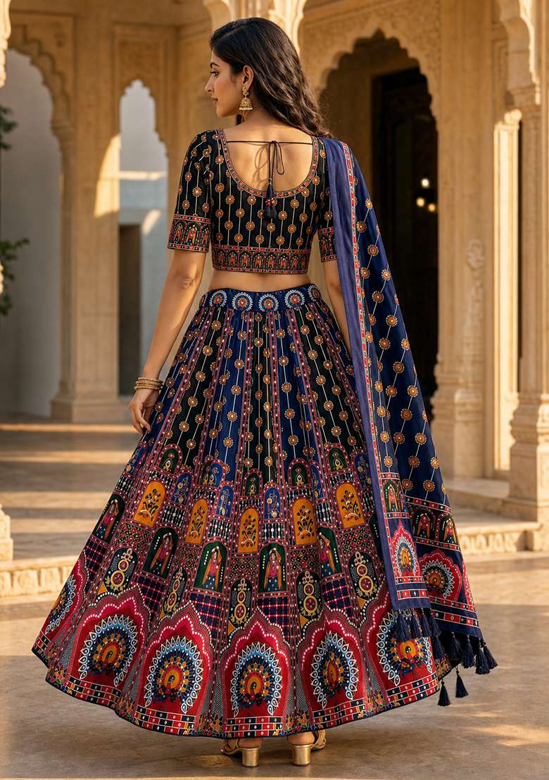 Black Cotton Lehenga Set with Printed for Diwali | Wedding & Festive Wear - Indya