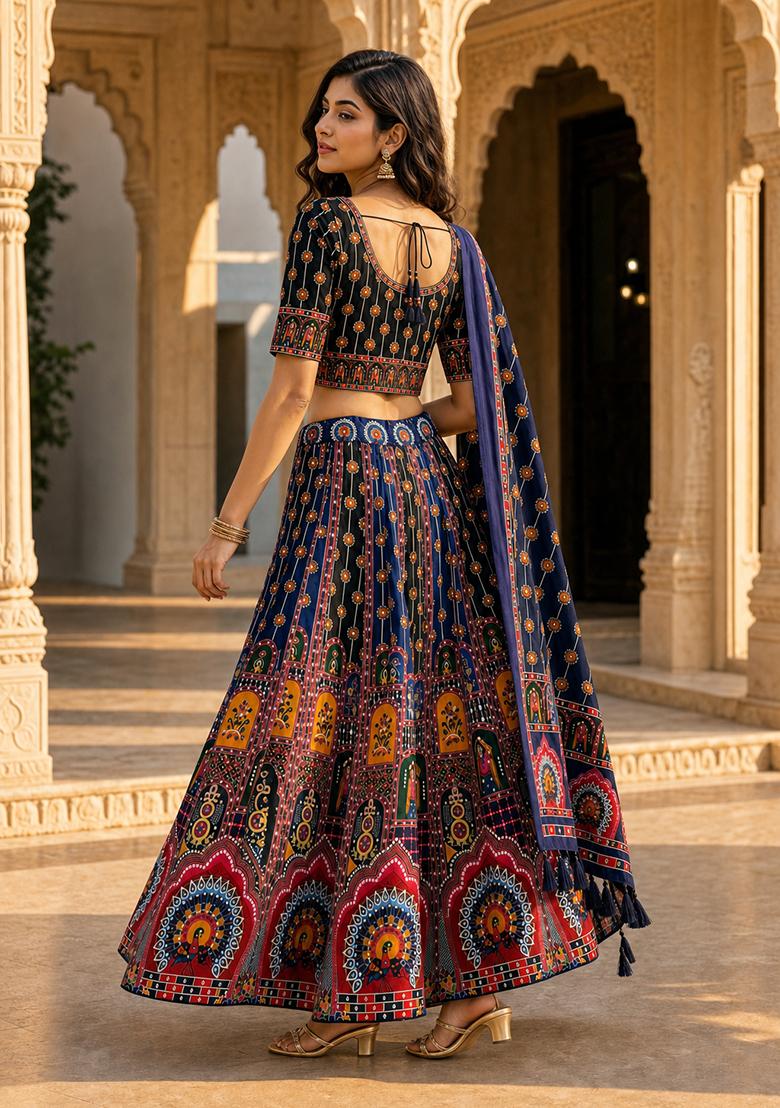 Black Printed Cotton Lehenga Set - Indya