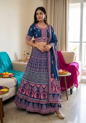 Blue Printed Cotton Lehenga Set