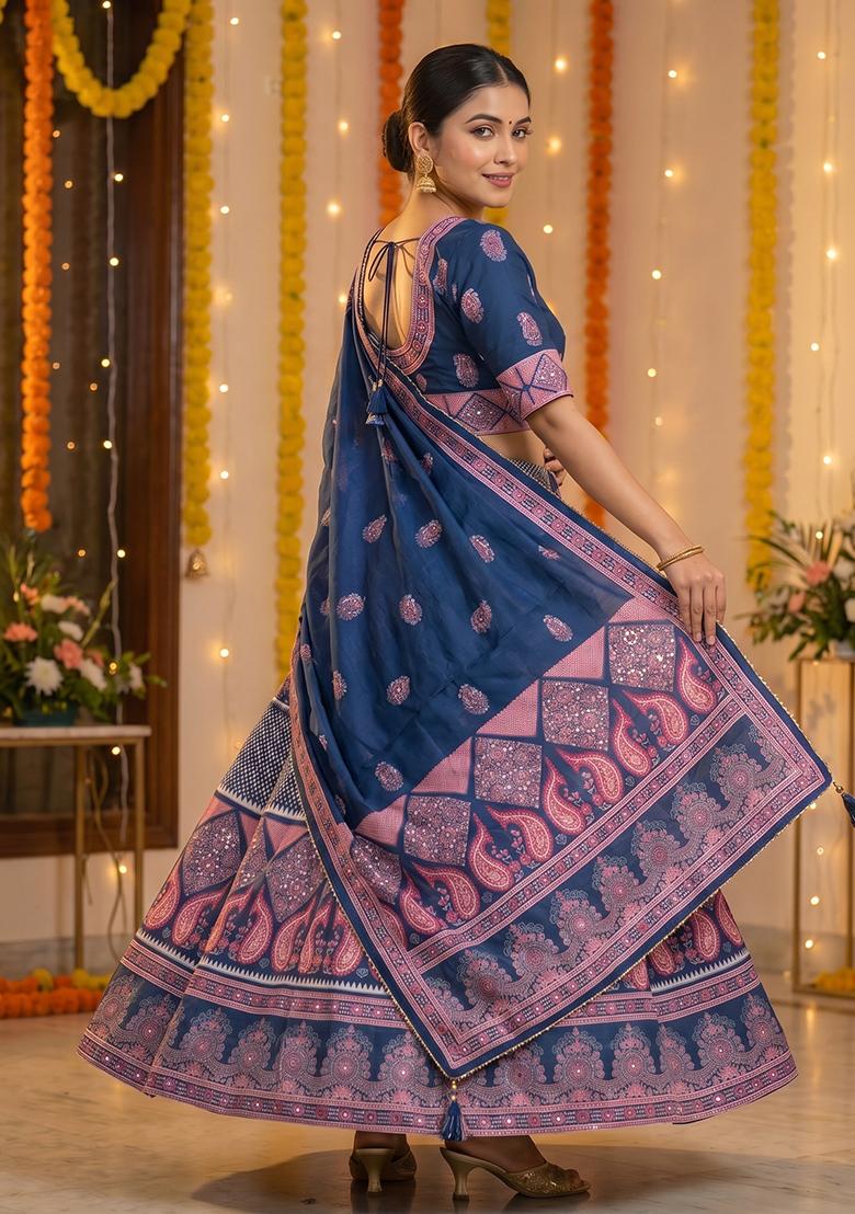 Blue Printed Cotton Lehenga Set - Indya