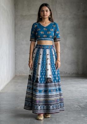 Blue Printed Cotton Lehenga Set