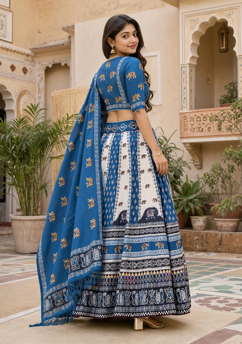 Blue Printed Cotton Lehenga Set - Indya