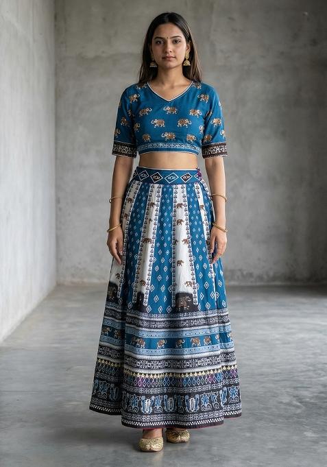 Blue Printed Cotton Lehenga Set