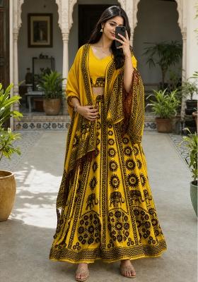 Yellow Printed Cotton Lehenga Set