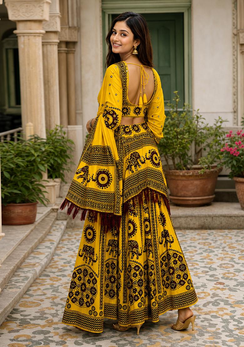 Yellow Printed Cotton Lehenga Set - Indya