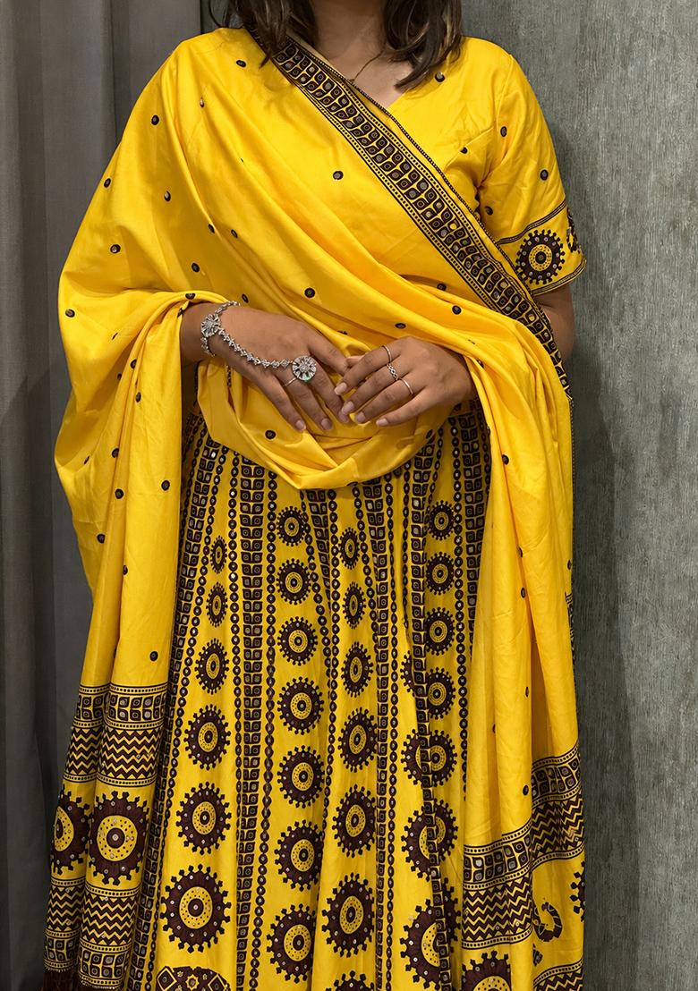 Yellow Printed Cotton Lehenga Set - Indya