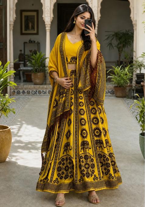 Yellow Printed Cotton Lehenga Set