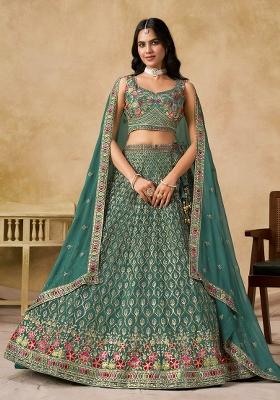 Bottle Teal Embroidered Georgette Lehenga Set