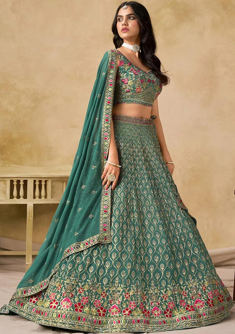 Bottle Teal Embroidered Georgette Lehenga Set - Indya