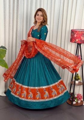Teal Embroidery Silk Lehenga Set
