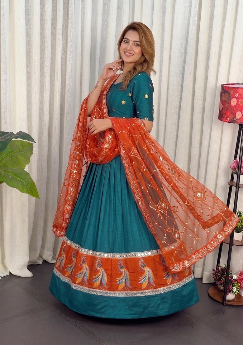 Teal Embroidery Silk Lehenga Set - Indya