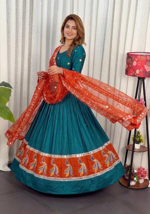 Teal Embroidery Silk Lehenga Set