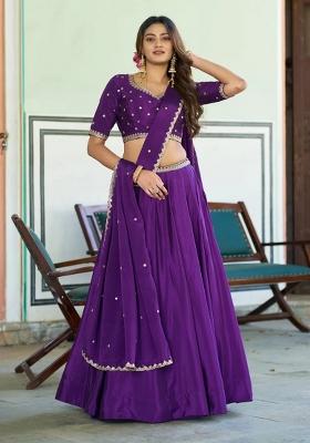 Purple Embroidery Silk Lehenga Set