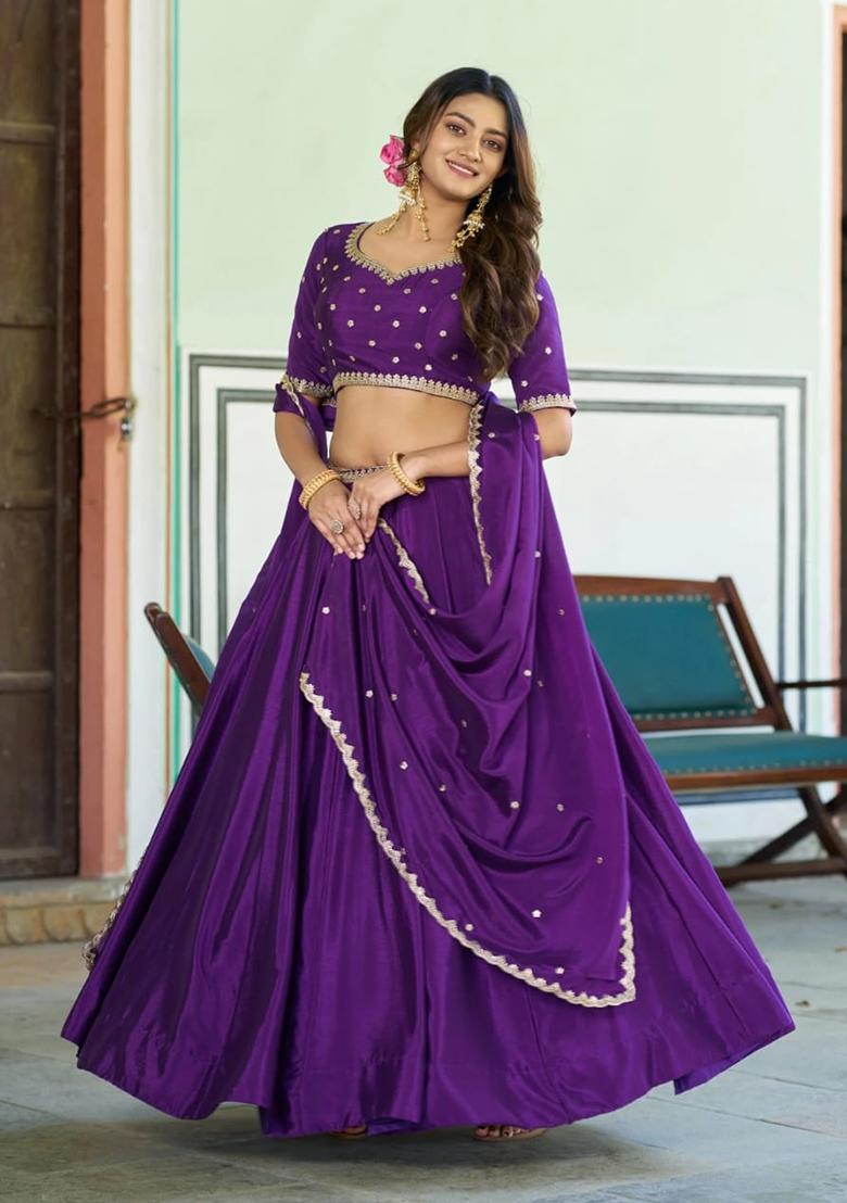 Purple Embroidery Silk Lehenga Set - Indya