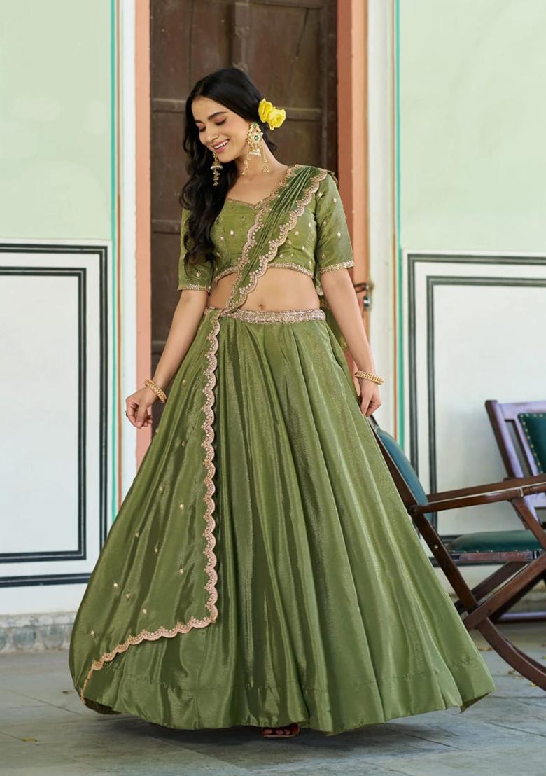Light Green Embroidery Silk Lehenga Set - Indya
