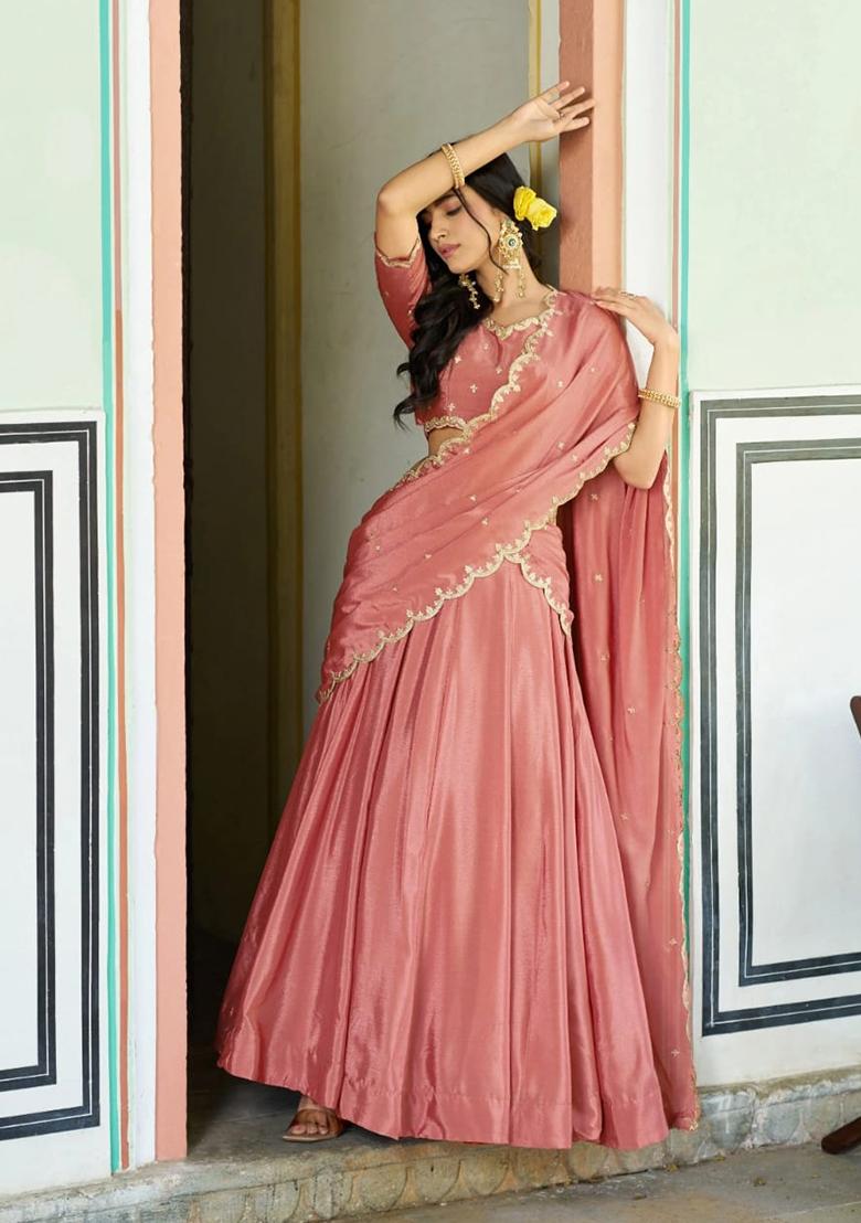 Peach Embroidery Silk Lehenga Set - Indya