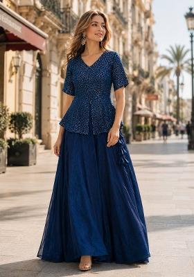 Navy Blue Sequin Work Satin Lehenga Set