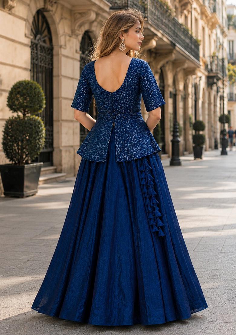 Navy Blue Sequin Work Satin Lehenga Set - Indya