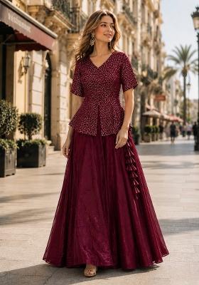 Maroon Sequin Work Satin Lehenga Set