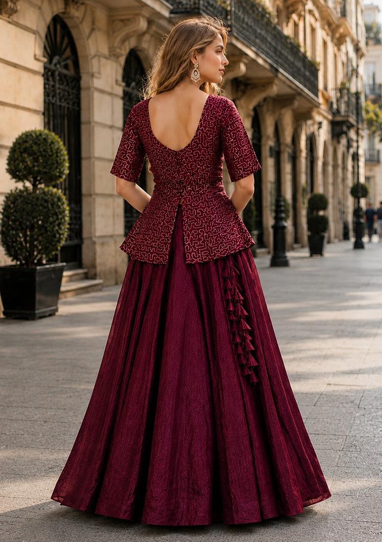 Maroon Sequin Work Satin Lehenga Set - Indya
