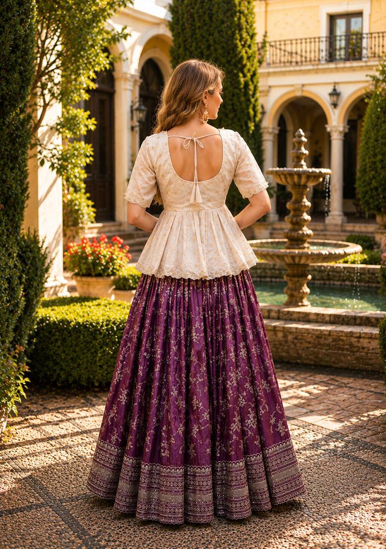 Wine Sequin Work Viscose Lehenga Set - Indya