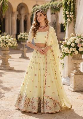 Off White Embroidery Silk Lehenga Set