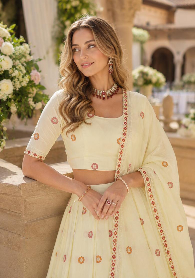 Off White Embroidery Silk Lehenga Set - Indya