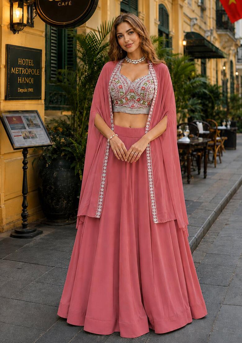 Peach Embroidery Georgette Lehenga Set - Indya